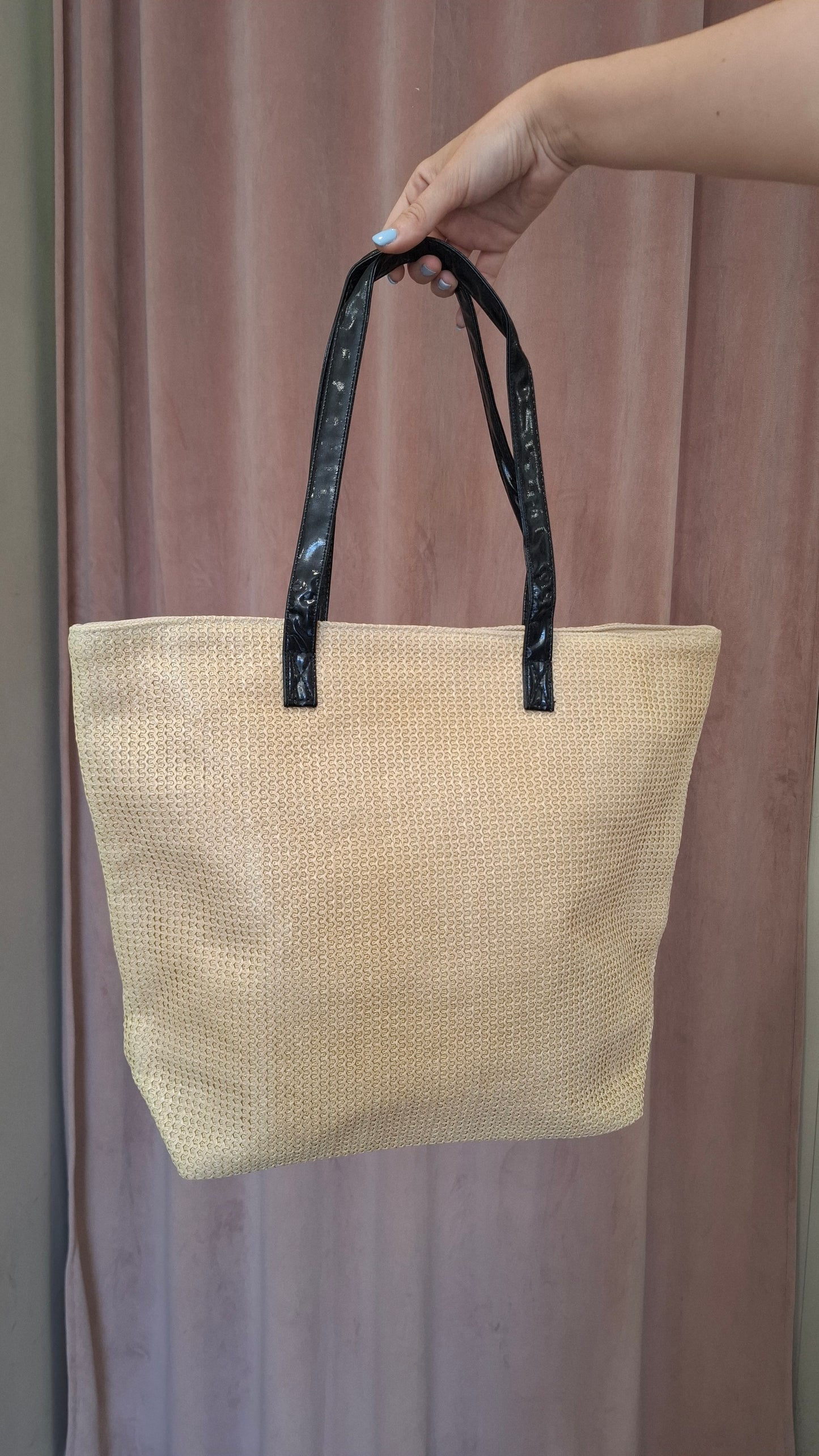 Borsa shopper in paglia con manici neri